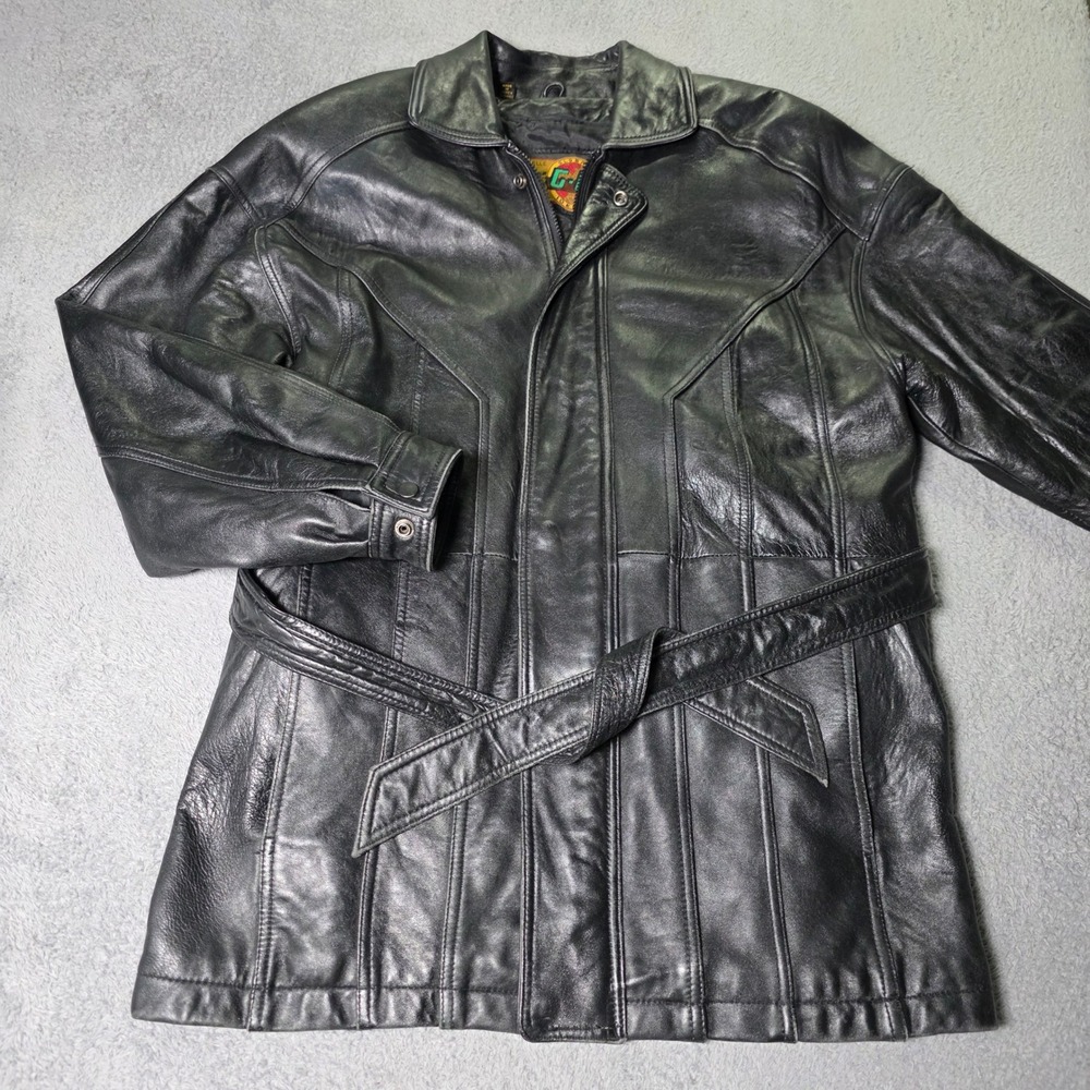 G-III Global Identity Mens Large Leather Trench Coat Black Belted Zip Jacket